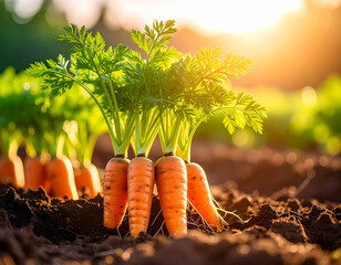 Fresh carrots growing in rich soil under warm sunlight, green tops reaching up towards the sky. A healthy and natural farm scene celebrating the harvest season and organic farming.

