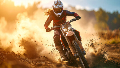A motorcyclist in full gear speeds through a dirt track, creating a spectacular spray of dust and dirt in the warm, golden light of the sunset. An intense and dynamic moment in nature.