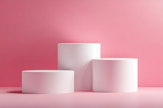 Minimalist elegant scene with three white cylindrical podiums in a row on soft pastel pink background