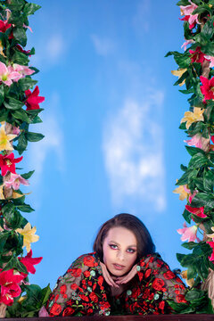 Fototapeta A floral portrait against a soft sky, creating a stunning visual that embodies creativity