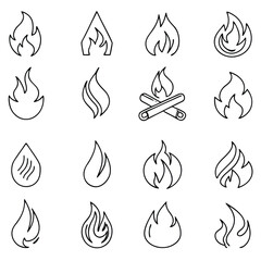fire icons set in line style, flames, flame of various shapes,bonfire vector illustration