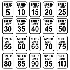 Set of speed limit signs from 5 to100 mph. Vector illustration design.