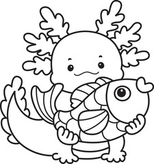 Outline of Illustration of cute axolotl activities icon.
Lineart of Funny pink axolotl in daily routine stickers.

