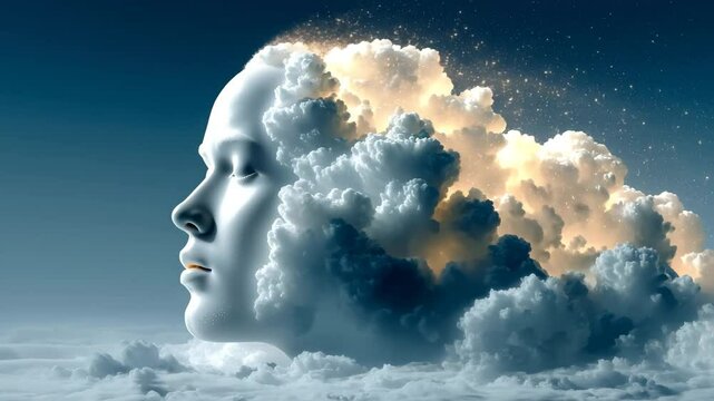 surreal mind in atmospheric cloud form, surreal cloud face symbolizing dreamy human mind, abstract surreal cloud face in dreamy sky concept, peaceful surreal cloud face for meditation and imagination