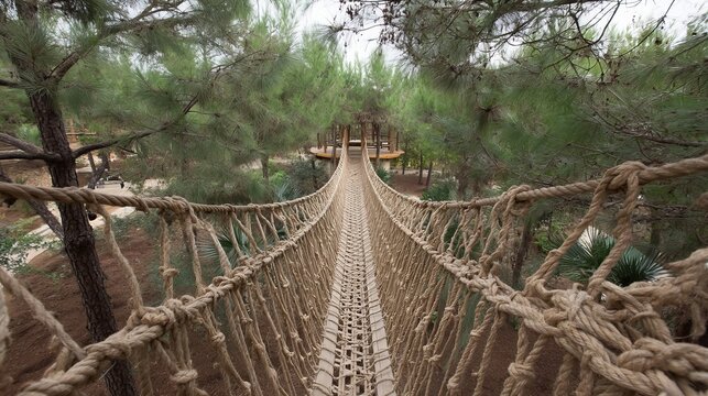 Fototapeta Rope bridge suspended in lush green forest for walking or climbing adventure experience, part of a fun eco nature tour in outdoor food-themed park, promoting eco travel, exploration and recreation