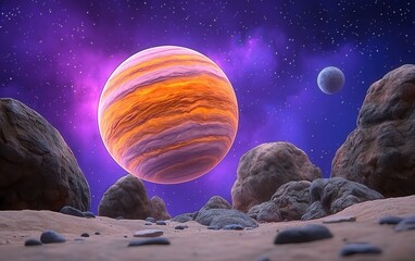 Pixelated Orange and Purple Banded Planet Floating Above Rocky Terrain with Starry Nebula