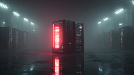 Data server tower glowing in misty lab, futuristic network hub