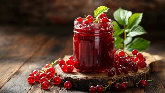Red currant jam in glass jar, wooden background with copy space