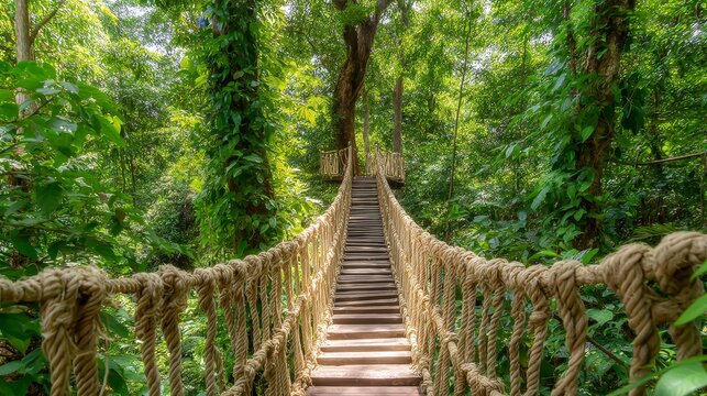Fototapeta Rope bridge suspended in lush green forest for walking or climbing adventure experience, part of a fun eco nature tour in outdoor food-themed park, promoting eco travel, exploration and recreation