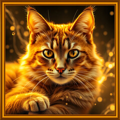 Close up of a beautiful cat on a frame, her sparkling eyes and soft fur, with the stunning golden color