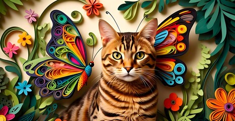 Bengal cat with a colorful butterfly and the fresh garden in quilling paper style