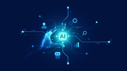 AI digital technology connection network with Data hand computer internet ai innovation system.