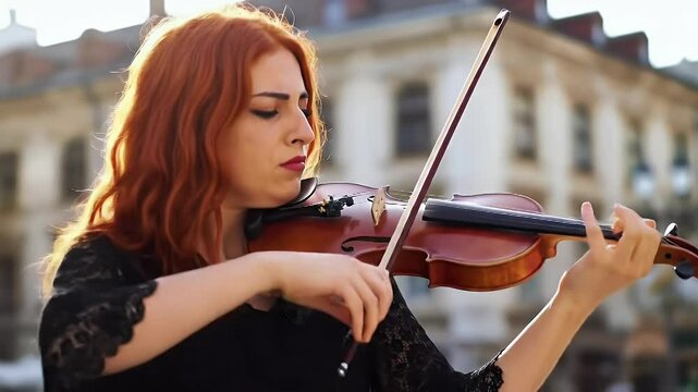 Redhead Violinist Playing in Cityscape