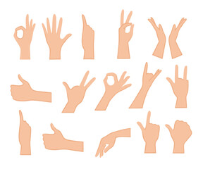 Obraz premium Set of hands showing different gestures isolated on a white background. Vector flat illustration of female and male hands. vector icon illustration
