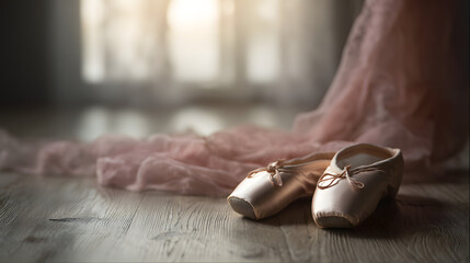 Ballet shoes resting on a wooden floor with soft fabric nearby, evoking grace and quiet preparation.
