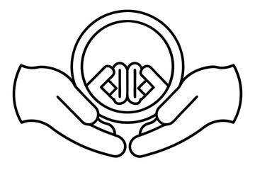 A collection of minimalist business and finance line icons in black outline style. This vector set includes icons of handshakes, giving and receiving money, charity donations, holding coins, financial