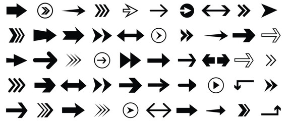 Set of various arrow icons signs and direction pointers. Black arrow icon shape isolated in white background for design template.