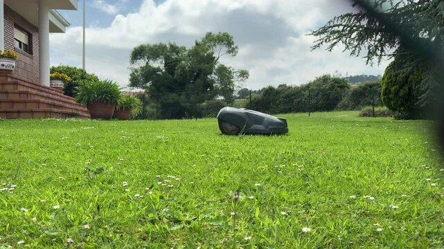 Independent lawn mower sewing the yard garden. Static view through fence