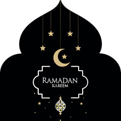 Crescent moon and mosque silhouette with hanging stars, lantern, and Ramadan Kareem message creating a festive Ramadan atmosphere Ramadan Islamic icon