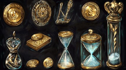Ornate Golden Artifacts and Hourglasses: A Collection of Time and Wealth