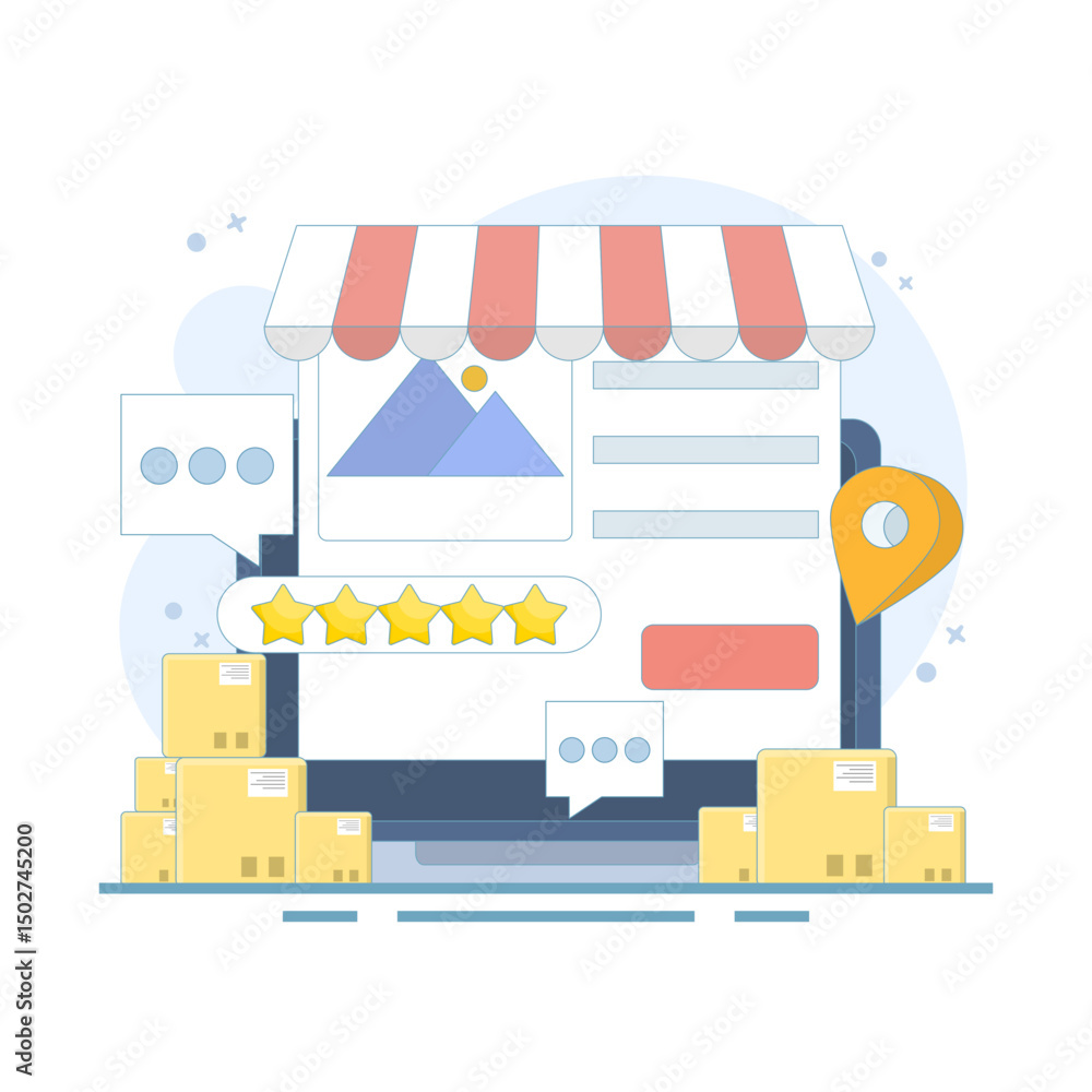Poster business rating and review concept, sending location based notifications to users. geographic for lo