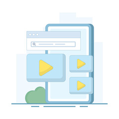 Online video concept. Video window device. Video player for streaming online movies and media, video clips and internet tube. Flat design illustration on background.