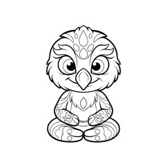 Adorable cartoon owl sitting in lotus position black and white coloring book illustration