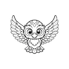 Adorable cartoon owl with wide open wings in black and white illustration