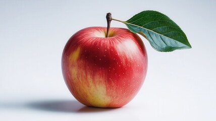 Vibrant red apple with fresh green leaf and stem, showcasing orchard freshness