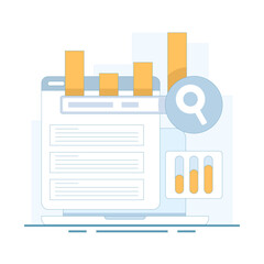Fototapeta premium SEO optimization concept. Website SEO keyword optimization, Most popular searches. Trending topics. Website SEO, Top bar chart with search bar. Flat design illustration in the background.