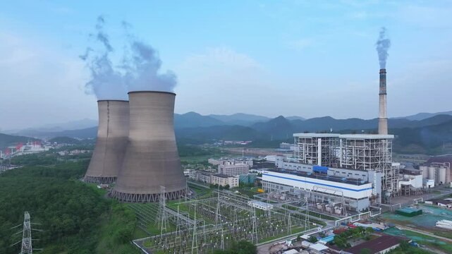 nuclear power plant with cooling towers
