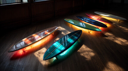 Neon surfboards on dark wood floor with dramatic lighting