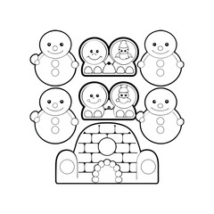 Black and white outline illustration of snowmen snow globes and igloo for winter season
