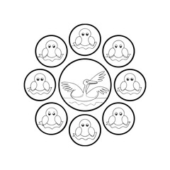 Fototapeta premium Black and white pelican bird and baby birds in circles for coloring and designs
