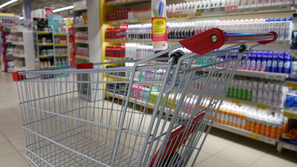 Close-up of shopping cart in a personal care department