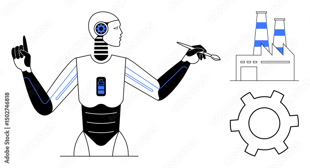 Poster robot integrating advanced tools, factory structures, and a gear symbolizing technological innovatio