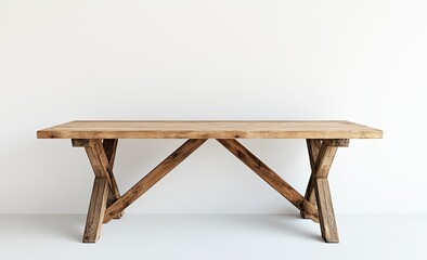 Rustic wooden dining table against white wall