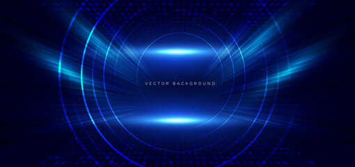 Abstract blue circles lines on dark blue background. Speed motion moving movement concept.