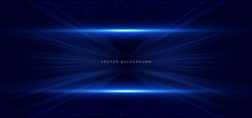 Abstract blue light rays on dark blue background. Speed motion moving movement concept.