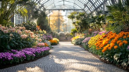 Sunlit Greenhouse Path with Vibrant Autumn Flowers