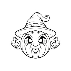 Cartoon illustration of a spooky halloween pumpkin wearing a witch hat and gesturing