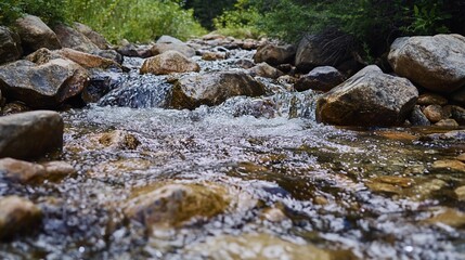 Serene Mountain Stream Flowing Over Smooth Rocks