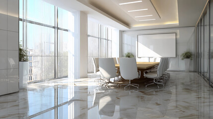 White modern conference room with large glass windows, sunny ambience
