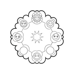 Charming whimsical circle mandala featuring smiling faces and star element for coloring