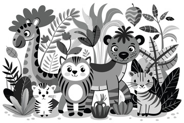 Obraz premium Adorable Monochrome Jungle Animals in Lush Foliage