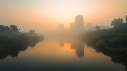 Misty Sunrise over City Skyline Reflected in Calm River
