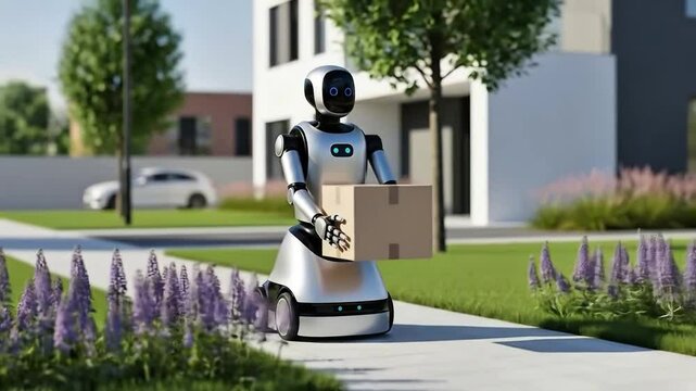 Autonomous robot delivers package on sidewalk near building.