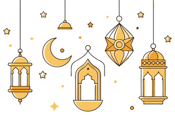 Golden Ramadan lanterns and delicate hanging lamps with crescent moon and stars, creating a festive and spiritual atmosphere for the holy month