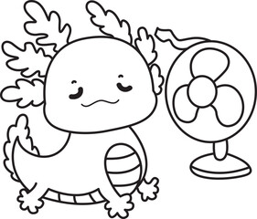 Outline of Illustration of cute axolotl activities icon.
Lineart of Funny pink axolotl in daily routine stickers.
