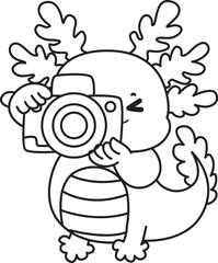 Outline of Illustration of cute axolotl activities icon.
Lineart of Funny pink axolotl in daily routine stickers.
